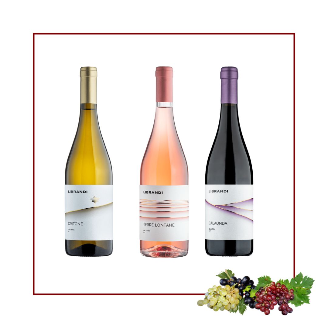 Pacchetto con Critone (Chardonnay/Sauvignon), Terre Lontane (Gaglioppo/Cabernet Franc) e Calaonda (Magliocco/Merlot). Scopri l'eleganza calabrese!
